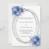 Blaue Blumen Silberrahmen Hochzeit Einladung (Vorderseite)