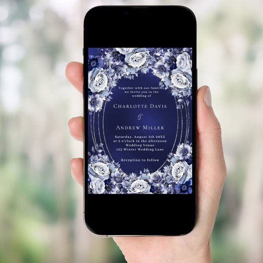 Blaue Blumen Silberrahmen Hochzeit Einladung