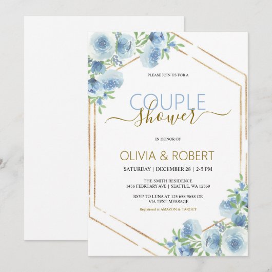 Blaue Blumen Sitzdusche Einladung (Vorne/Hinten)