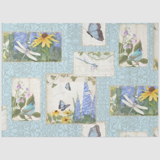 Blaue Blumen Sonnenblumen Dragonfly Garden Decoupa Seidenpapier (Vorderseite)