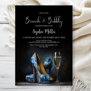 Blaue Blumen Stöckelschuhe Brunch und Bubbly Einladung