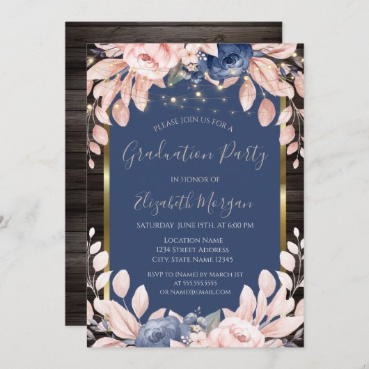 Blaue Blumen, String-Lights, Holz Einladung (Vorne/Hinten)