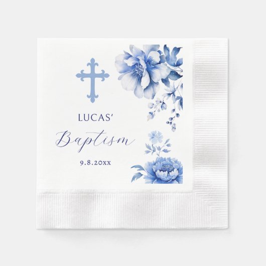 Blaue Blumen Taufpapier Napkin Serviette (Vorderseite)