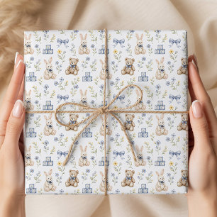 Blaue Blumen-Teddybär-Hasen-Kinderzimmer Geschenkpapier