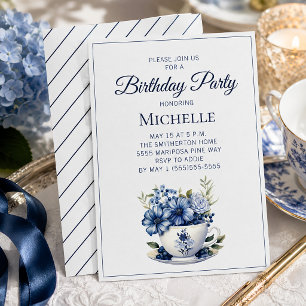 Blaue Blumen-Teetasse Elegante Damen-Geburtstagsfe Einladung