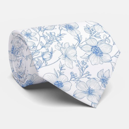Blaue Blumen Toile de Jouy Krawatte (Gerollt)