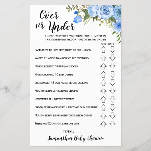 Blaue Blumen Über oder unter Baby Shower Game Card Flyer (Vorne)