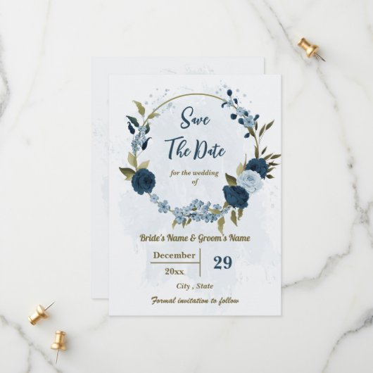 Blaue Blumen und botanische Hochzeit Save The Date (Vorderseite/Rückseite Beispiel)