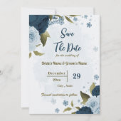 Blaue Blumen und botanische Hochzeit Save The Date (Vorderseite)