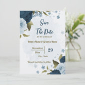 Blaue Blumen und botanische Hochzeit Save The Date (Stehend Vorderseite)