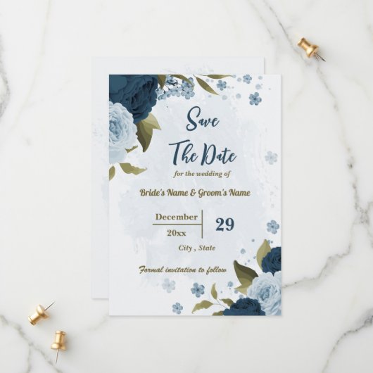 Blaue Blumen und botanische Hochzeit Save The Date (Vorderseite/Rückseite Beispiel)
