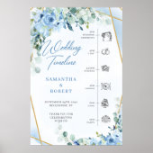 Blaue Blumen und Eukalyptus Gold Hochzeit Timeline Poster (Vorne)