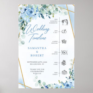 Blaue Blumen und Eukalyptus Gold Hochzeit Timeline Poster