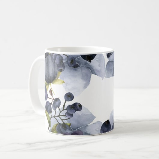 Blaue Blumen und Früchte im Rahmen Kaffeetasse (Vorderseite Links)