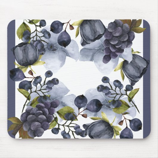 Blaue Blumen und Früchte im Rahmen Mousepad (Vorne)