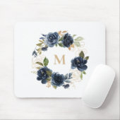 Blaue Blumen und goldene Blätter Wreath Monogram Mousepad (Mit Mouse)