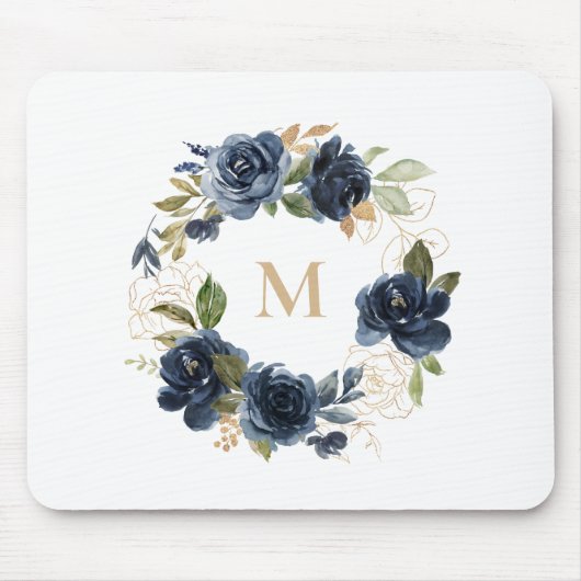 Blaue Blumen und goldene Blätter Wreath Monogram Mousepad (Vorne)