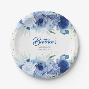 Blaue Blumen und goldenes Konfetti-Baby-Shower Pappteller