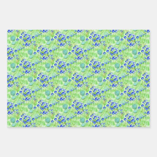 Blaue Blumen und Graslandschaften Kunstmuster Geschenkpapier Set (Vorderseite)