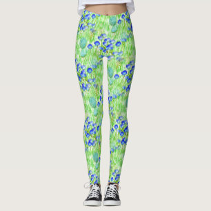 Blaue Blumen und Graslandschaften Kunstmuster Leggings