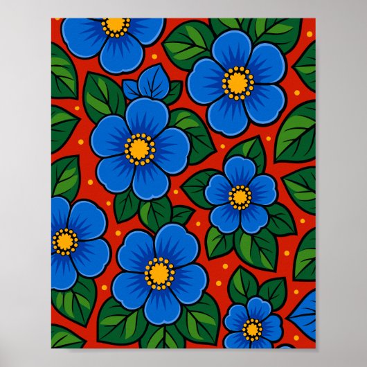 Blaue Blumen und grüne Blätter auf rotem Hintergru Poster (Vorne)