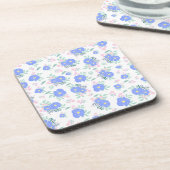 Blaue Blumen und grüne Blätter Getränkeuntersetzer (Linke Seite)