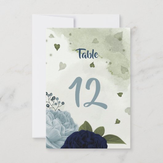 blaue Blumen und grüne Tischnummer (Vorderseite)