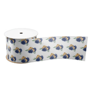 Blaue Blumen und Grünmuster Satinband