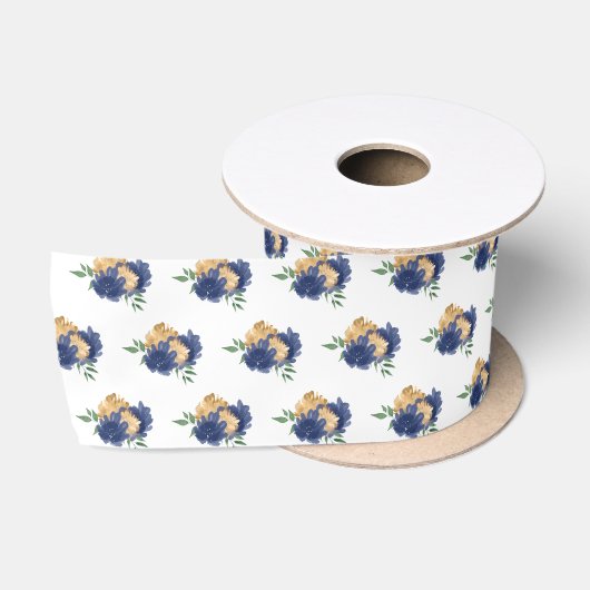 Blaue Blumen und Grünmuster Satinband (Spule)
