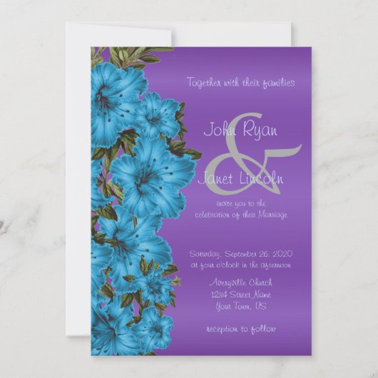 Blaue Blumen und Lila Satin Hochzeitseinladungen Einladung (Vorderseite)