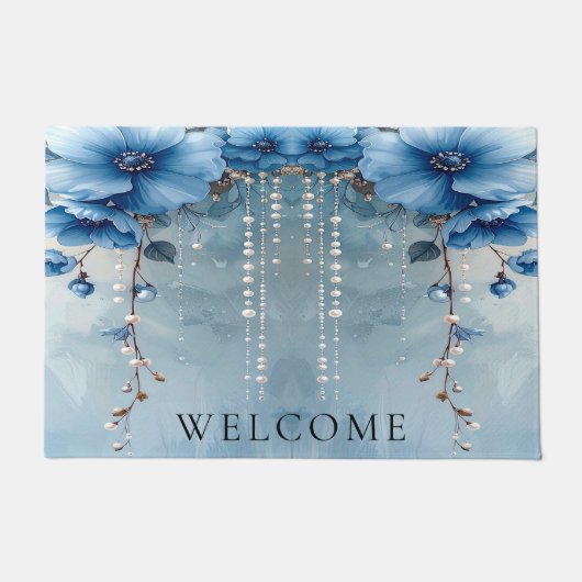 Blaue Blumen und Perlen Fußmatte (Vorderseite)