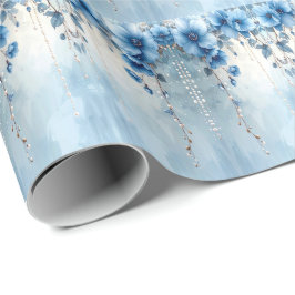 Blaue Blumen und Perlen Geschenkpapier
