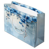 Blaue Blumen und Perlen Geschenktasche Große Geschenktüte (Rückseite Schrägansicht)