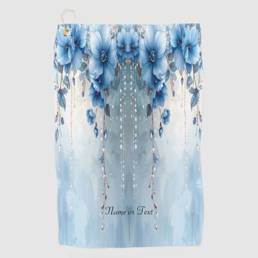Blaue Blumen und Perlen Golfhandtuch (Vorderseite)