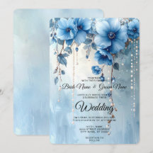 Blaue Blumen und Perlen Hochzeits-Einladung