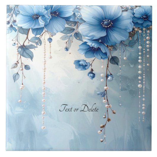 Blaue Blumen und Perlen Keramikfliese (Vorderseite)