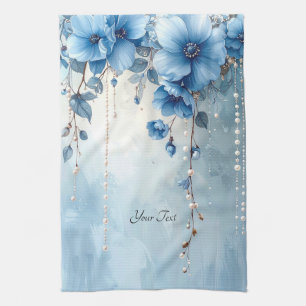 Blaue Blumen und Perlen Küchenhandtuch Geschirrtuch