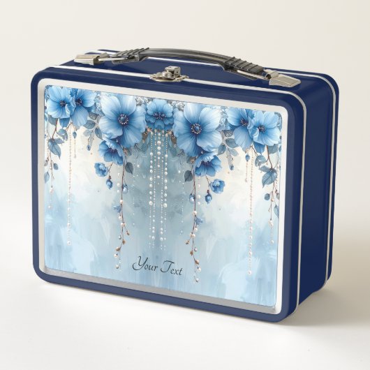Blaue Blumen und Perlen Lunchbox (Vorderseite)