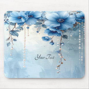 Blaue Blumen und Perlen-Mauspad Mousepad