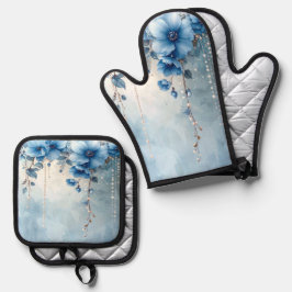 Blaue Blumen und Perlen Ofenhandschuh & Topflappen-Set