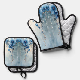 Blaue Blumen und Perlen Ofenhandschuh & Topflappen-Set