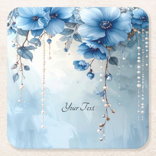 Blaue Blumen und Perlen Papier Untersetzer (Vorderseite)