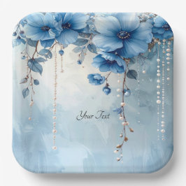 Blaue Blumen und Perlen Papierplatte Pappteller