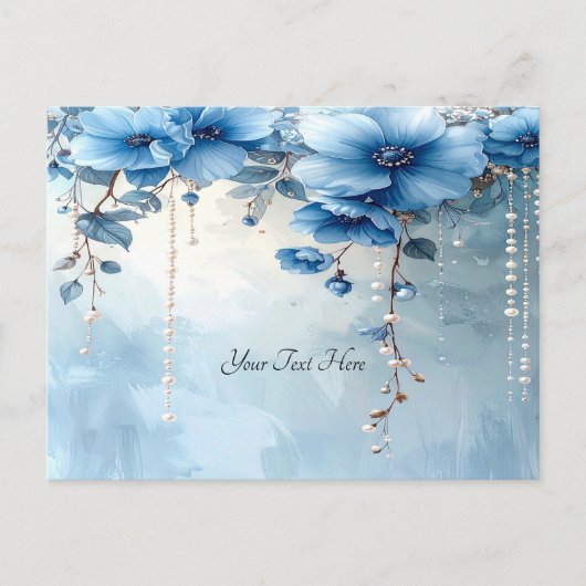 Blaue Blumen und Perlen Postkarte (Vorderseite)
