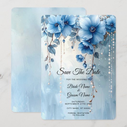 Blaue Blumen und Perlen Save the Date (Vorne/Hinten)
