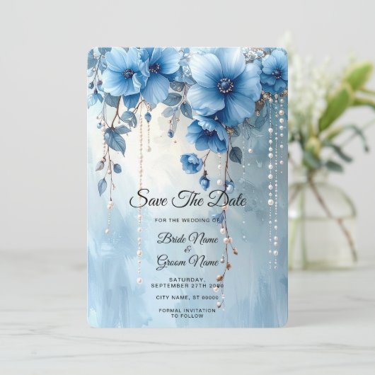 Blaue Blumen und Perlen Save the Date (Stehend Vorderseite)