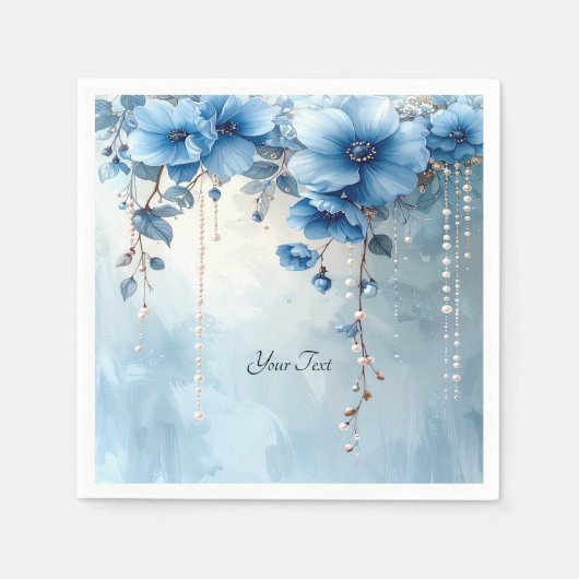 Blaue Blumen und Perlen Serviette (Vorderseite)