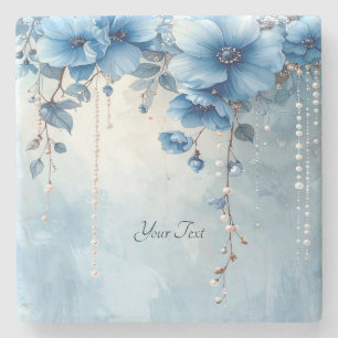 Blaue Blumen und Perlen Steinuntersetzer