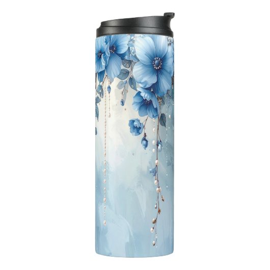 Blaue Blumen und Perlen Thermobecher Thermosbecher (Nach links gedreht)