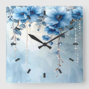Blaue Blumen und Perlen Wanduhr